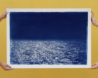 Barcelona Beach Night Horizon / 100x70cm / Cyanotype on Watercolor Paper / Limited Edition