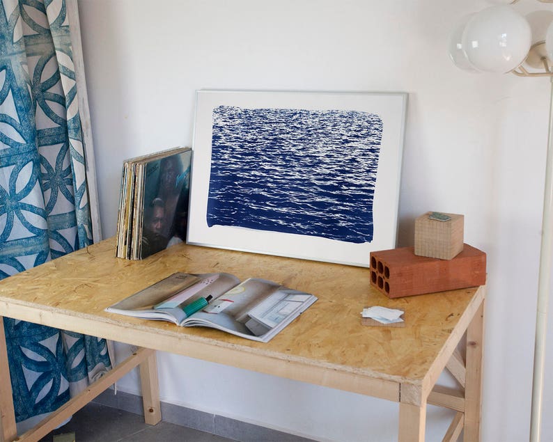Blue Waves Seascape, Wall Art Cyanotype, Ocean Watercolor, Coastal Wall Art, Beach Decor, Waves Print, Beach Art, Sun Print, 50x70 cm image 3