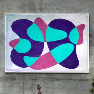Original Painting of Translucent Teal Kidney Pools , Abstract Layers and Shapes, Mid-Century Modern Style in Cold Tones