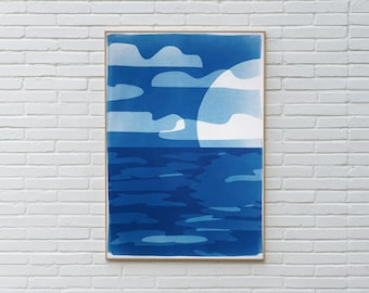 Sunset with Reflections / Handmade Unique Monotype Cyanotype on Watercolor Paper / 2025