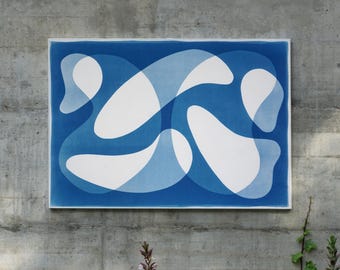 Mid-Century Modern Shapes XIII / Unique Monotype-Cyanotype on Watercolor Paper / 2025