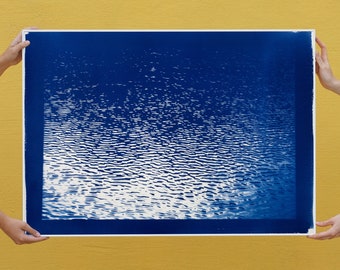 Lake Tahoe Panorama with Blue Border / Cyanotype on Watercolor Paper / 100x70cm / Limited Edition