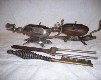 2 Hairdresser Utensils, ca. 1920's gas marcel curling iron heater from the early 1900's FIGURAL Alligator and turtle antique