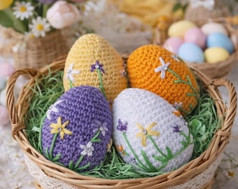 Uova di Pasqua all'uncinetto Set di uova di Pasqua Decorazioni pasquali Uova di Pasqua Amigurumi Uova all'uncinetto Cestini di Pasqua arancioni gialli bianchi Riempitivi per cestini