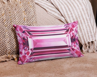 Pink Diamond Decorative Pillow - Rose Quartz Pillow Cover - Accent Cushion, Abstract Geometric Bedroom & Living Room Decor, Gemstone Decor