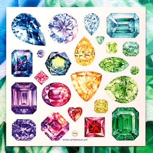 Set of 24 Gemstone Vinyl stickers, Laptop stickers, Gem stickers, Emerald, Sapphire, Diamond, Amethyst Crystals Laminated Not Paper Stickers image 1