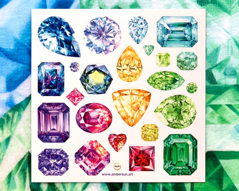 Set of 24 Gemstone Vinyl stickers, Laptop stickers, Gem stickers, Emerald, Sapphire, Diamond, Amethyst Crystals Laminated Not Paper Stickers image 1