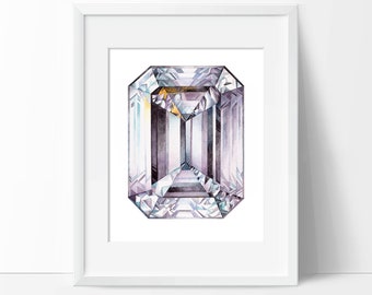 Emerald Diamond Watercolor Art Print (Unframed) - Crystal Painting - Gemstone Wall Art - Gem Poster - April Birthstone - No Frame Included