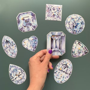 Set of 9 Diamond Vinyl stickers, Laptop stickers, Gem stickers, Crystal Illustration, Amethyst Crystals Laminated Not Paper Stickers