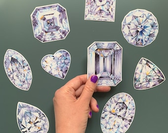 Set of 9 Diamond Vinyl stickers, Laptop stickers, Gem stickers, Crystal Illustration, Amethyst Crystals Laminated Not Paper Stickers