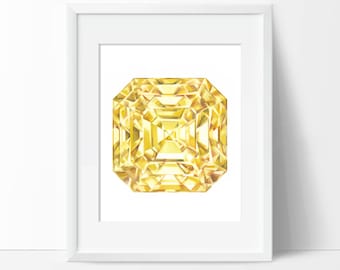 Yellow Diamond Gemstone Art Print - Crystal Painting - Citrine Wall Art - Gem Poster Home Decor - Diamond Wall Hanging - Birthstone Art