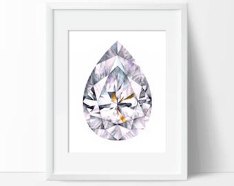 Pear Diamond Watercolor Art Print (Unframed) - Crystal Painting - Gemstone Wall Art - Gem Poster - April Birthstone - No Frame Included