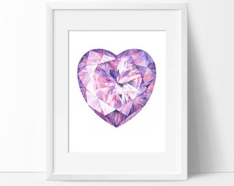 Amethyst Heart Watercolor Art Print (Unframed) - Crystal Painting - Gemstone Wall Art - Gem Home Decor - Wall Hanging - No Frame Included