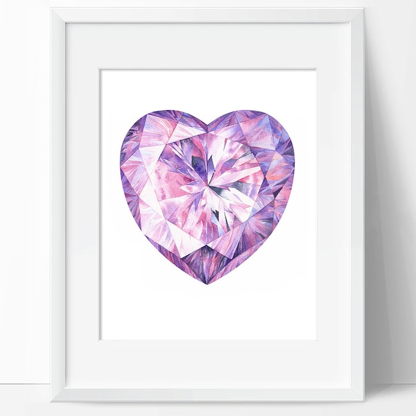 Impressão artística em aquarela de coração de ametista (sem moldura) - Pintura em cristal - Arte de parede com pedras preciosas - Decoração de casa com pedras preciosas - Decoração de parede - Sem moldura incluída