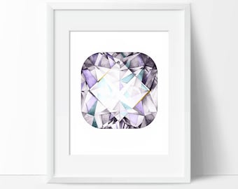 May include: A watercolor painting of a large, faceted gemstone with a purple, blue, and gray color scheme. The gemstone is rendered in a geometric style with a gold outline.