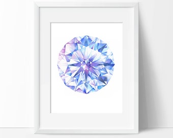 Impresión artística de acuarela de diamante redondo (sin marco) - Pintura de cristal - Póster de pared de piedras preciosas - Piedra natal de abril, gema azul - Sin marco