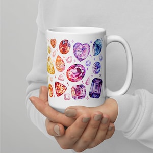 Crystals Mug, Gift for Crystal Lover, Gemstone Mug, Gem Cup, Diamond Coffee Mug, Gemstone painting, Gem Decor