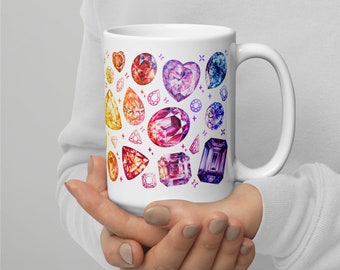 Crystals Mug, Gift for Crystal Lover, Gemstone Mug, Gem Cup, Diamond Coffee Mug, Gemstone painting, Gem Decor