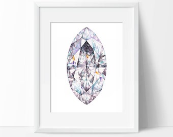 Marquise Diamond Watercolor Art Print (Unframed) - Crystal Painting - Gemstone Wall Art - Gem Poster - April Birthstone - No Frame Included