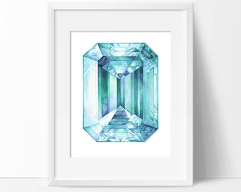 Emerald Watercolor Art Print - Crystal Painting - Gemstone Wall Art - Gem Poster Home Decor - Green Gem Wall Hanging