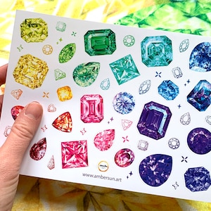 Set of 57 Tiny Gemstone Vinyl stickers, Laptop stickers, Gem stickers, Emerald, Sapphire, Tourmaline, Crystals Laminated, Not Paper Stickers
