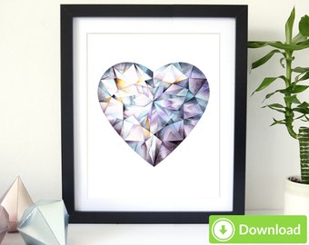 Heart Diamond Printable Art, Crystal watercolor painting. Crystal print. Download Gemstone wall art decor. Gem art, jpeg, png