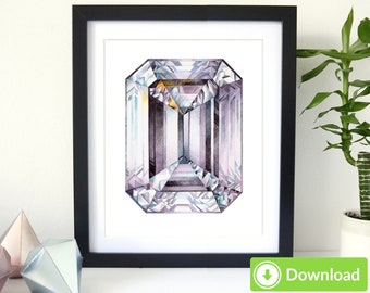 Diamond Printable Art - for Personal Use, Crystal watercolor painting. Crystal print. Download Gemstone wall art decor. Gem art, jpeg, png