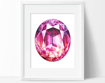Pink Tourmaline Art Print - Crystal Painting - Gemstone Wall Art - Gem Poster Home Decor - Gray Diamond   Wall Hanging
