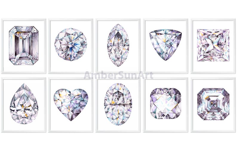 Puede incluir: Un conjunto de nueve ilustraciones de acuarela de diferentes formas de diamantes, incluyendo cortes redondos, esmeralda, pera, marquesa, coraz&oacute;n y princesa. Los diamantes est&aacute;n representados en tonos de blanco y morado.