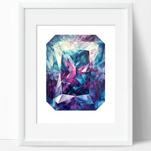 Puede incluir: Una gran gema facetada con un esquema de color morado, azul y blanco. La gema est&aacute; representada en un estilo realista, con &aacute;ngulos agudos y una superficie reflectante.