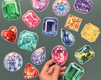 Set of 17 Gemstone Vinyl stickers, Laptop stickers, Gem stickers, Emerald, Sapphire, Diamond, Amethyst Crystals Laminated Not Paper Stickers