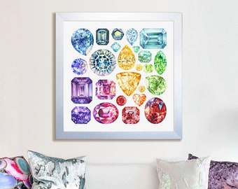 Gemstone Print, Wall Art Print, Birthstone Poster, Gem Art, Crystal Print, Emerald Painting, Art Gift, Home Decor, Square Art, Gem poster