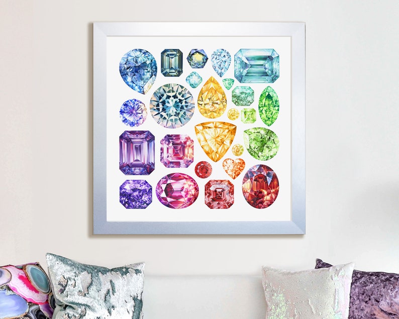 Gemstone Print, Wall Art Print, Birthstone Poster, Gem Art, Crystal Print, Emerald Painting, Art Gift, Home Decor, Square Art, Gem poster image 1