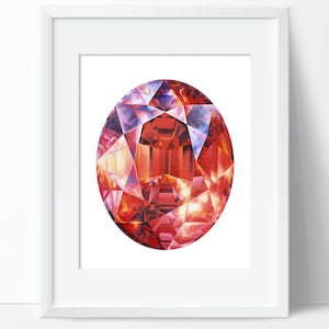 May include: A large, red gemstone with a faceted cut. The gem is a deep red color with hints of orange and purple. The gem is set against a white background.