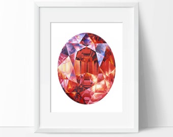 Impresión artística de granate (sin marco) - Pintura de cristal - Arte mural de gemas - Póster de gemas - Colgante de pared - Piedra natal de enero - Sin marco