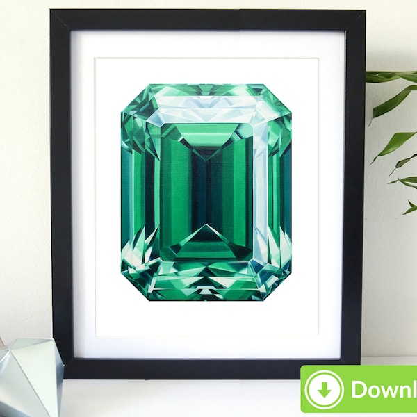 Emerald Printable Art - for Personal Use, Crystal Painting, Diamond Poster, Watercolor Gemstone, Home Decor, Digital Download