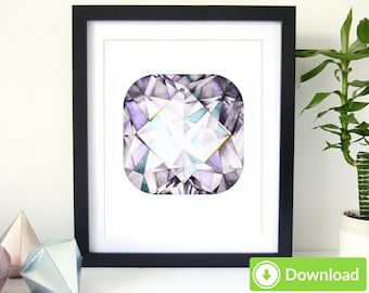 Diamond Printable Art - for Personal Use, Crystal watercolor painting. Crystal print. Download Gemstone wall art decor. Gem art, jpeg, png