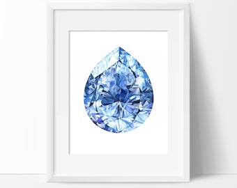 Sapphire Pear Watercolor Art Print - Crystal Painting - Gemstone Wall Art - Gem Poster Home Decor - Blue Diamond Wall Hanging