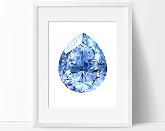 Sapphire Pear Watercolor Art Print (Unframed) - Crystal Painting - Gemstone Wall Art - Gem Poster - September Birthstone - No Frame Included