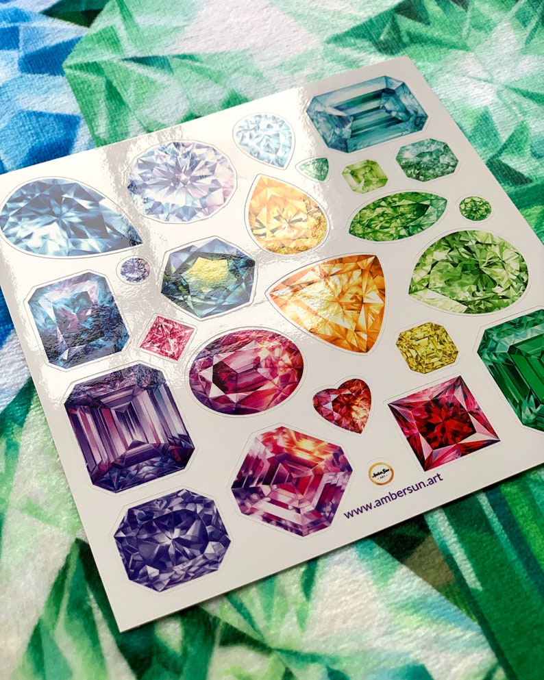 Set of 24 Gemstone Vinyl stickers, Laptop stickers, Gem stickers, Emerald, Sapphire, Diamond, Amethyst Crystals Laminated Not Paper Stickers image 3