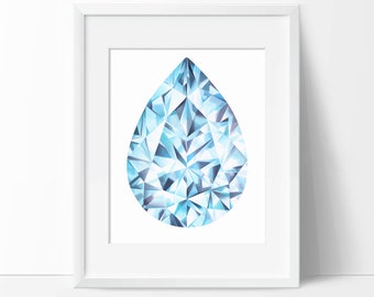 Aquamarine Pear Watercolor Art Print - Crystal Painting - Gemstone Wall Art - Gem Poster Home Decor - Blue Diamond Wall Hanging