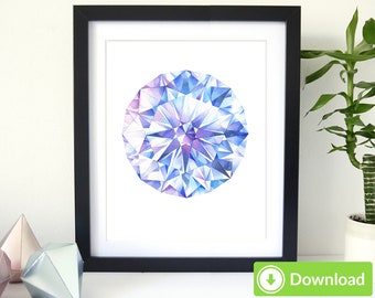 Round Diamond Printable Art - for Personal Use, Crystal watercolor painting. Crystal print. Download Gemstone wall art decor. Gem art, jpeg