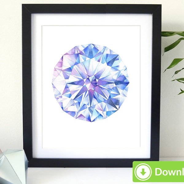 Arte para impressão em losango redondo - para uso pessoal, pintura em aquarela com cristais. Impressão em cristal. Baixe decoração de parede com pedras preciosas. Arte com pedras preciosas, JPEG.