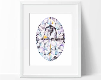 Oval Diamond Watercolor Art Print (Unframed) - Crystal Painting - Gemstone Wall Art - Gem Poster - April Birthstone - No Frame Included