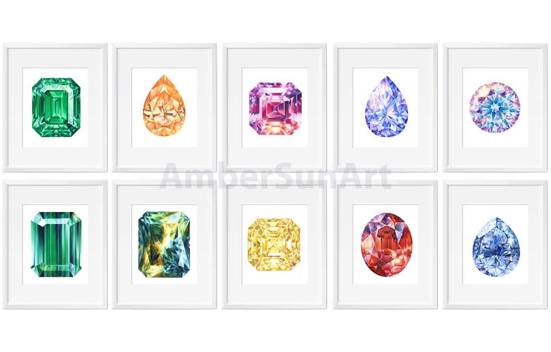Puede incluir: Nueve acuarelas de diferentes gemas en marcos blancos. Las gemas son esmeralda, citrino, amatista, zafiro, peridoto, topacio, rub&iacute; y aguamarina.
