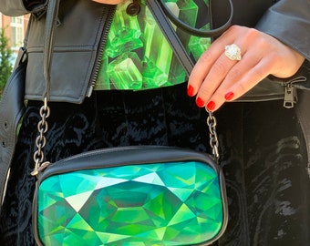 Handpainted Emerald Bag, Gemstone painting on cross-body Bag, Gem Purse, Green Emerald Handbag, Cushion Diamond Cut, 13 × 21 × 8 cm