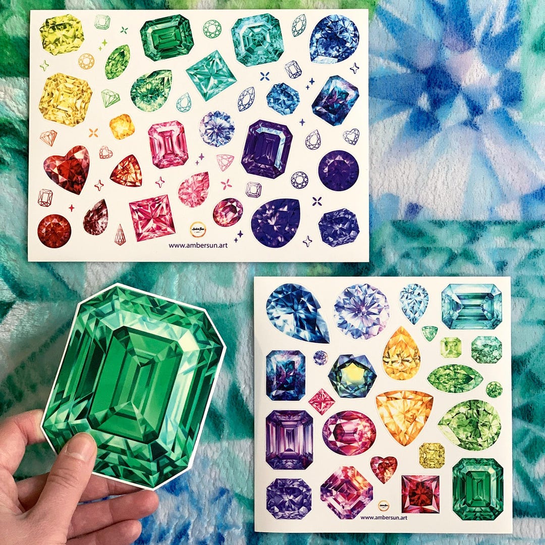 Gemstone Sticker Bundle – 2 Vinyl Stickers Sheets + Large Emerald Bonus ...