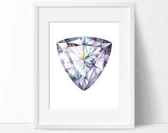 Trillion Diamond Watercolor Art Print (Unframed) - Crystal Painting - Gemstone Wall Art - Gem Poster - April Birthstone - No Frame Included