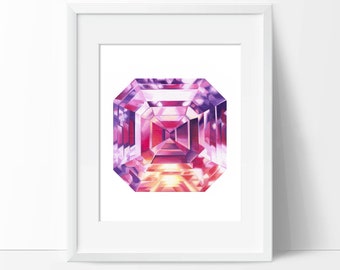 Pink Tourmaline Art Print - Crystal Painting - Gemstone Wall Art - Gem Poster Home Decor - Diamond Wall Hanging - Birthstone Art