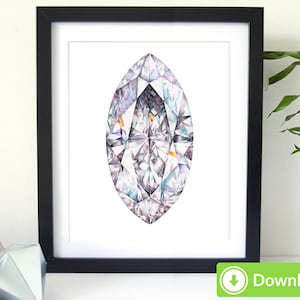 Diamond Printable Art - for Personal Use, Crystal watercolor painting. Crystal print. Download Gemstone wall art decor. Gem art, jpeg, png